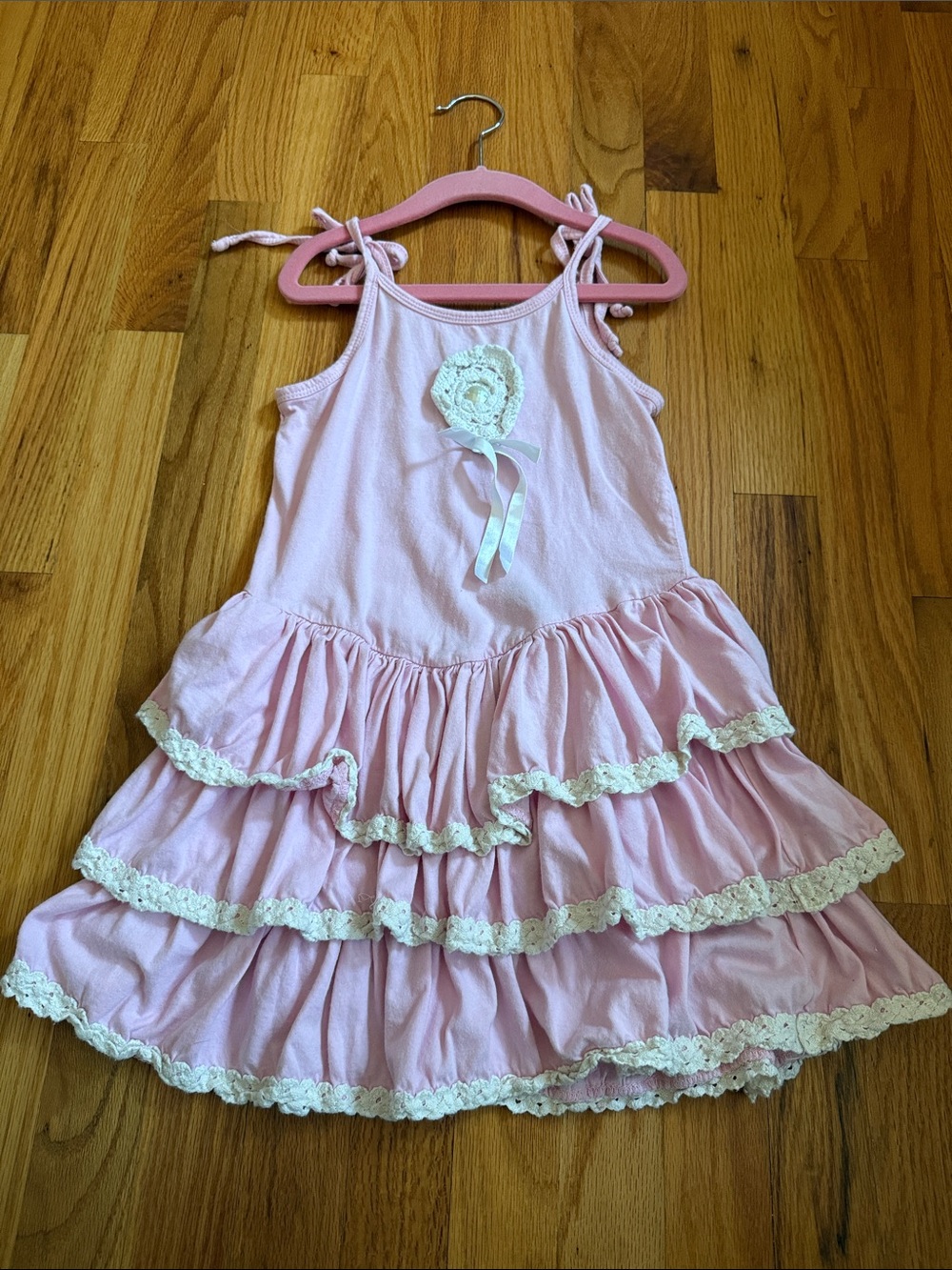 Pink Ruffled Tiered Girls' Casual Dress with Lace Trim